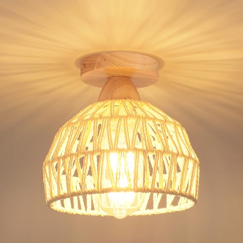 Idegu Vintage Deckenleuchte Kronleuchter Aus Holz Rattan Lampenschirm