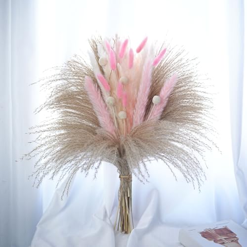 Crafity 65pcs Pampasgras Deko Trockenblumen Strau Rosa Pampasstrau