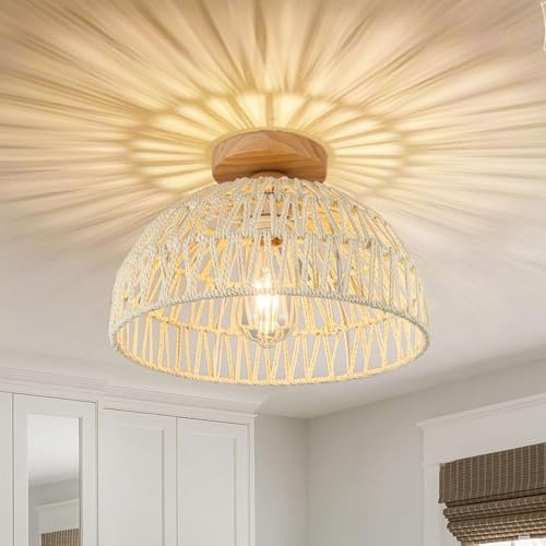 Elinkume Deckenleuchte Wohnzimmer Rattan E27 Deckenlampe Schlafzimmer Mit