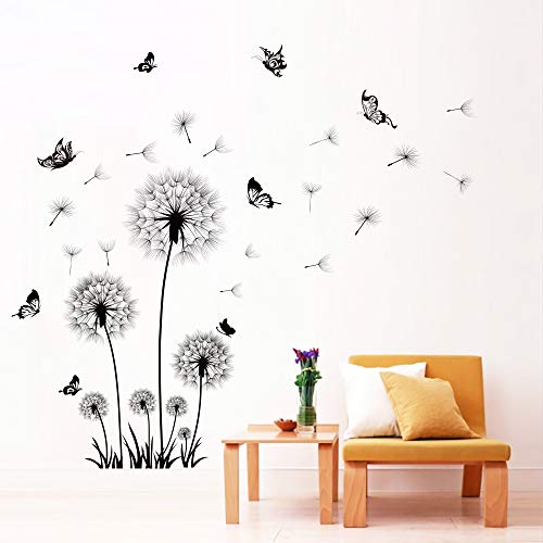 Runtoo Wandtattoo Pusteblume Schmetterling Wandsticker Schwarz Blumen Wandaufkleber
