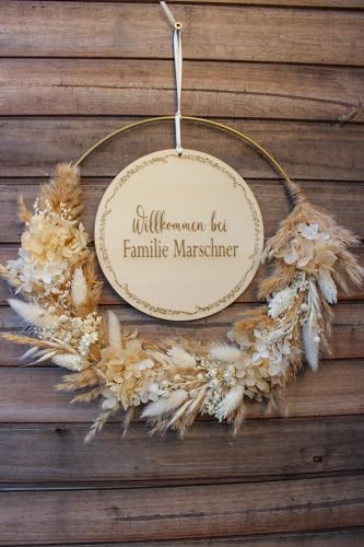 Trockenblumenkranz Personalisiert Apricot Mit Holzscheibe