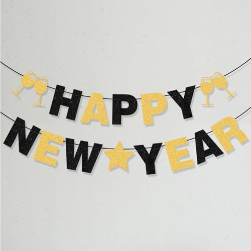 Fesnova Silvester Deko 2026 Girlande Schwarz Gold Glitzer