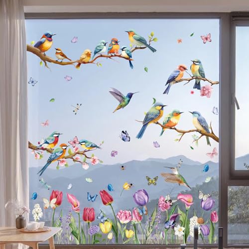Hianjoo Fensterbilder Fr Hling Deko Selbstklebend Vogel Blumen
