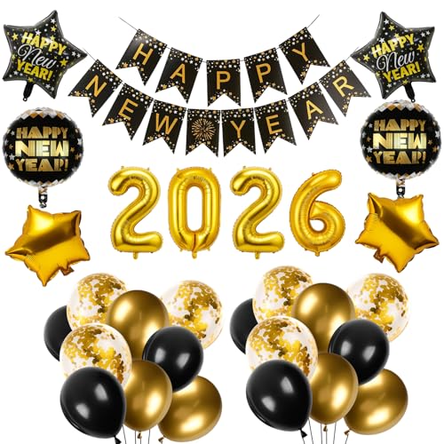 Silvester Deko 2026 Luftballons Schwarz Gold Happy New