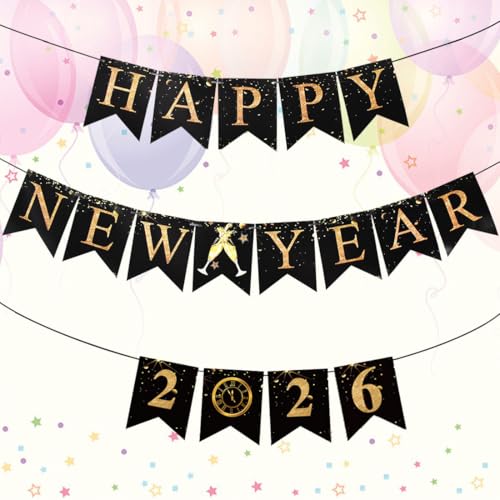 Kookz 2026 Neujahr Banner Silvester Girlande Schwarz Und