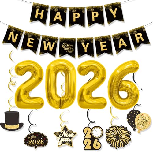 Silvester Deko Set 2026 Schwarz Gold Neujahr Party