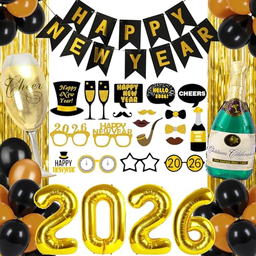 Silvester Deko 2026 Neujahr Deko 2026 Set Schwarz