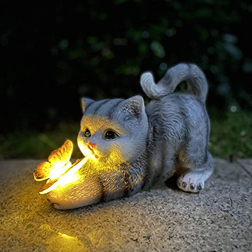 Katzenfigur Garten Deko Katze Gartendeko Schmetterlinge Solarlampen F