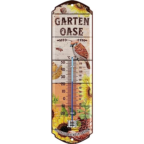 Lanolu Retro Blechschild Garten Oase Thermometer Schild Blechschilder