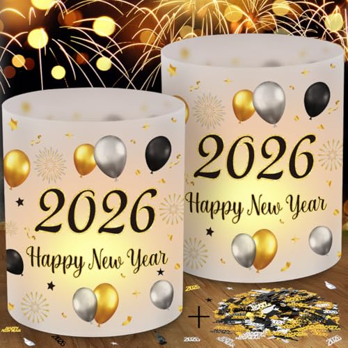 12 Windlichter Silvester Deko Tisch 15g Konfetti Happy