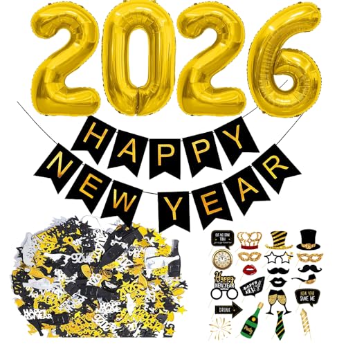 Silvester Deko 2026 Neujahr 2026 Dekorationen Schwarz Gold