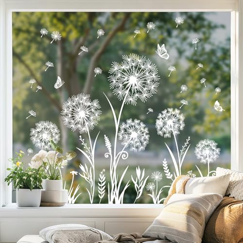 Tanlaby Fensterbilder Pusteblume Wei Fensteraufkleber Pflanzen Schmetterling Fenstersticker