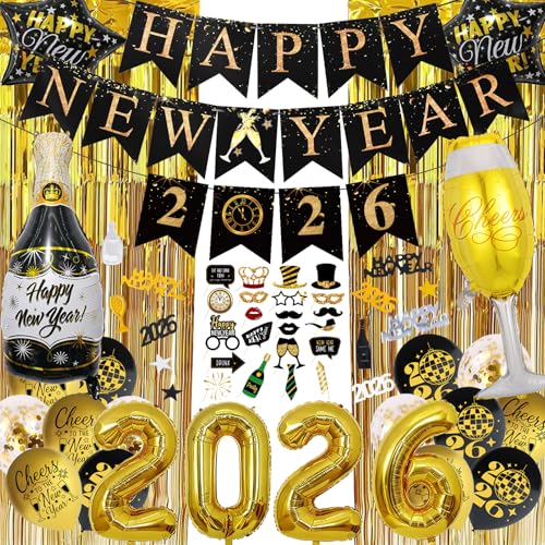 Silvester Deko 2026 Schwarz Gold Neujahr Deko 2026