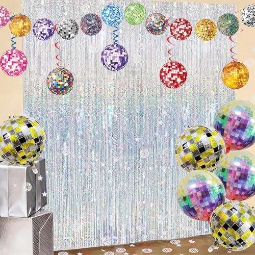 Discokugel Party Luftschlangen Lametta Vorhang Silber Glitzer Set