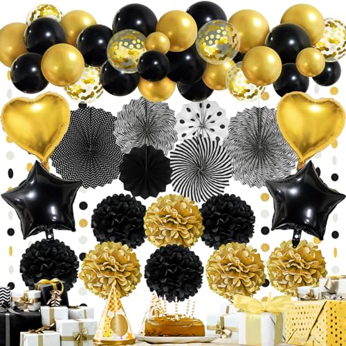 Premium Schwarz Gold Partydeko Papier F Cher Pompons