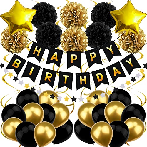 Recosis Geburtstagsdeko Schwarz Gold Happy Birthday Banner Mit