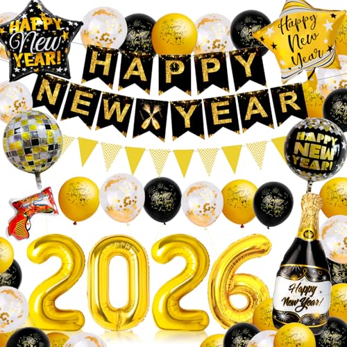 Silvester Deko 2026 Neujahr Ballon Gold Schwarz Luftballons